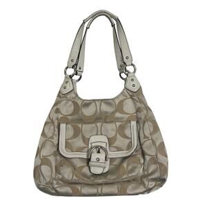 Coach Campbell Signature Hobo Canvas Handbag Purse Tan Leather Trim F24742